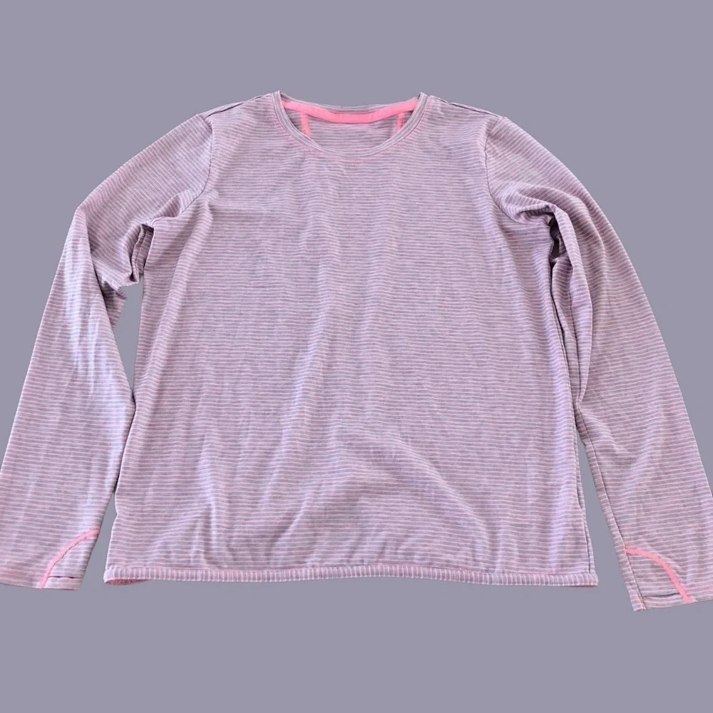 Athleta Girl XL 14 Be Bold Stripe Top Long Sleeve Knit Soft Gray Pink Thumbholes
